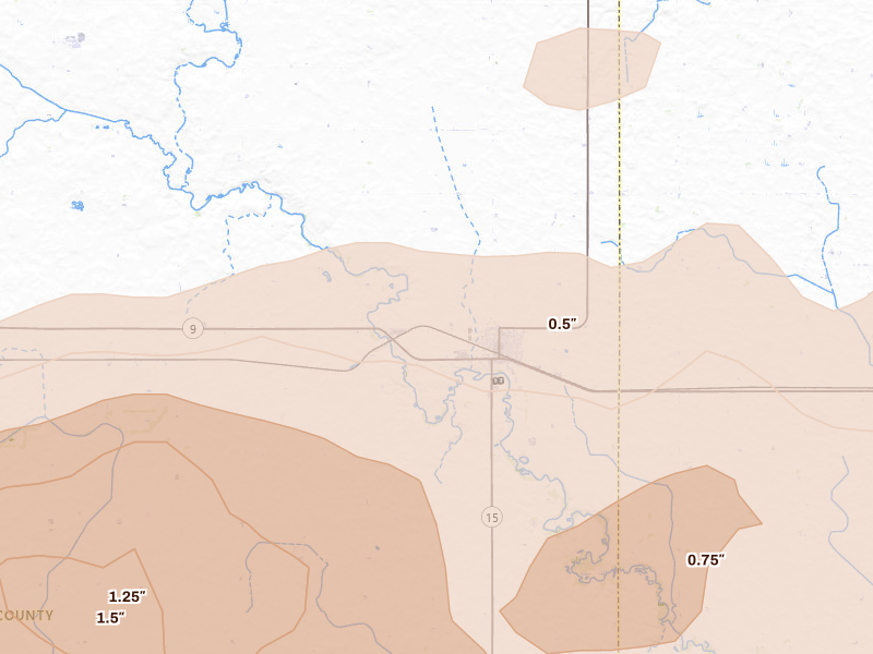 Radar-estimated hail-size map of the storm over Armstrong, IA on May 15, 2026