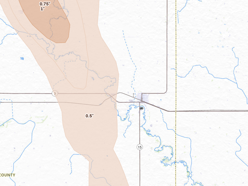 Radar-estimated hail-size map of the storm over Armstrong, IA on Jun 1, 2026