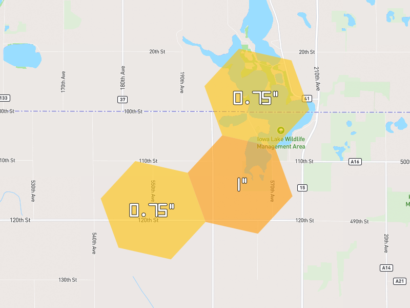 Hail map of Armstrong, IA on Jul 1, 2026, hail up to 1"