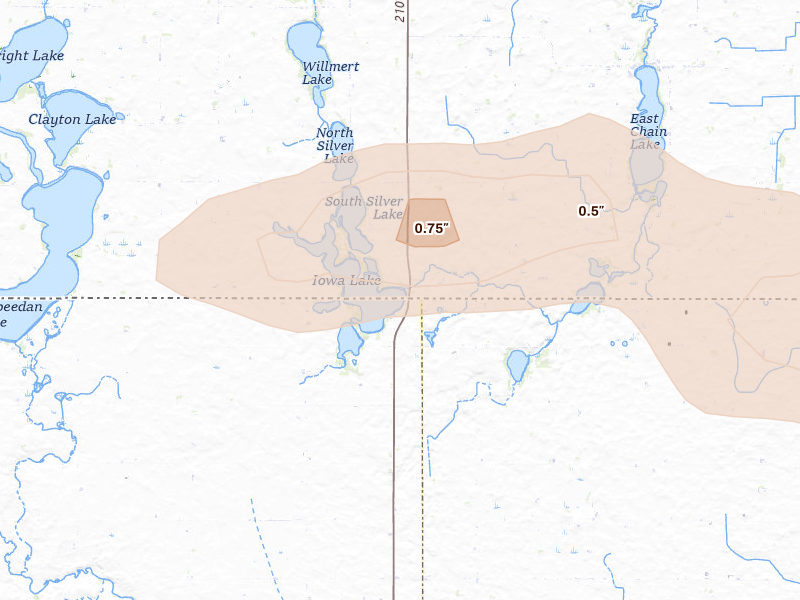 Radar-estimated hail-size map of the storm over Armstrong, IA on Aug 7, 2026