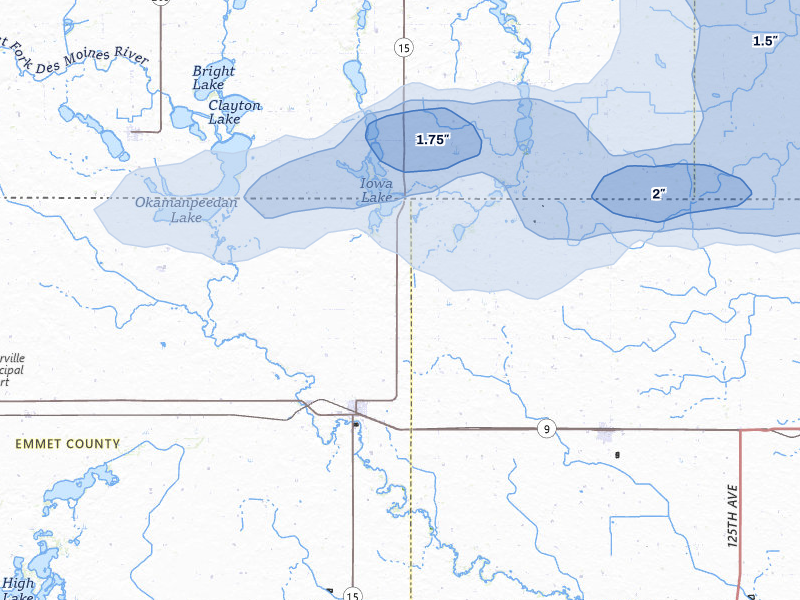 NEXRAD radar-signature map of the hail storm over Armstrong, IA on Aug 7, 2026