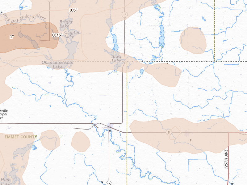 Radar-estimated hail-size map of the storm over Armstrong, IA on Aug 8, 2026