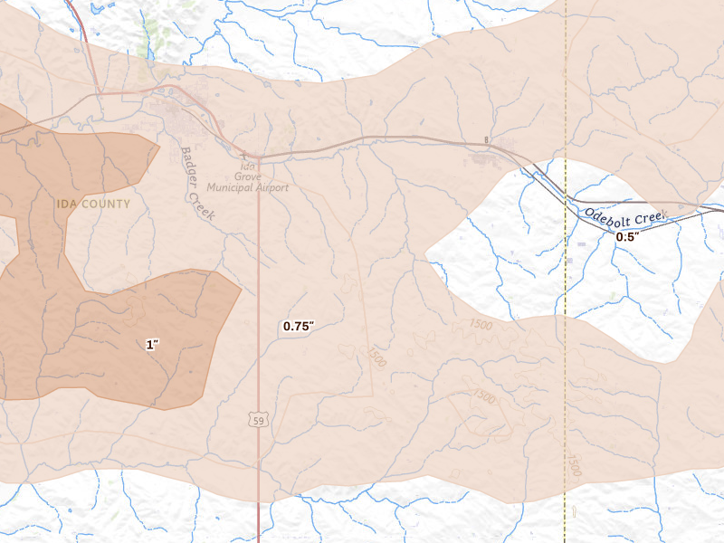 Radar-estimated hail-size map of the storm over Arthur, IA on May 15, 2026