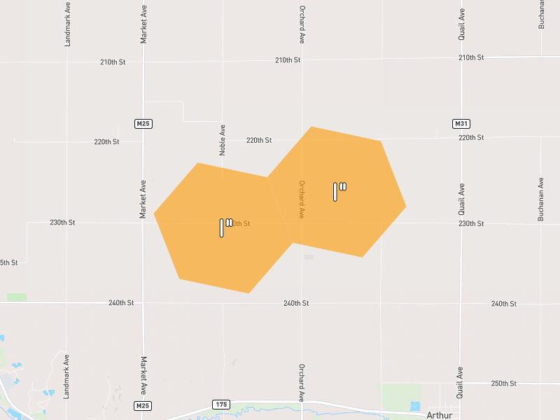 Hail map of Arthur, IA on Jun 28, 2026, hail up to 1"