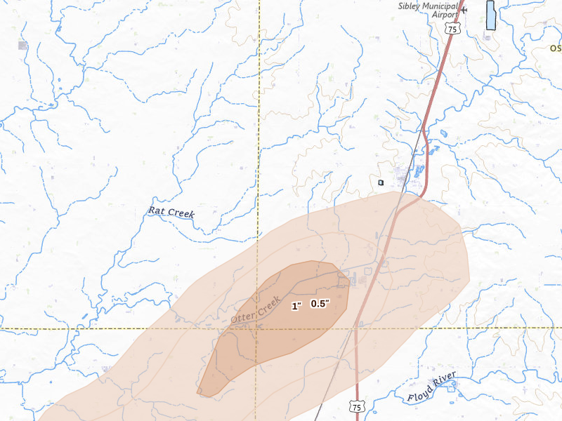 Radar-estimated hail-size map of the storm over Ashton, IA on Jul 1, 2026
