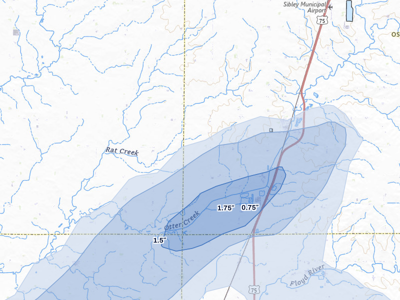 NEXRAD radar-signature map of the hail storm over Ashton, IA on Jul 1, 2026