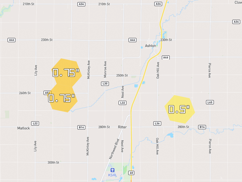 Hail map of Ashton, IA on Jul 1, 2026, hail up to 0.75"