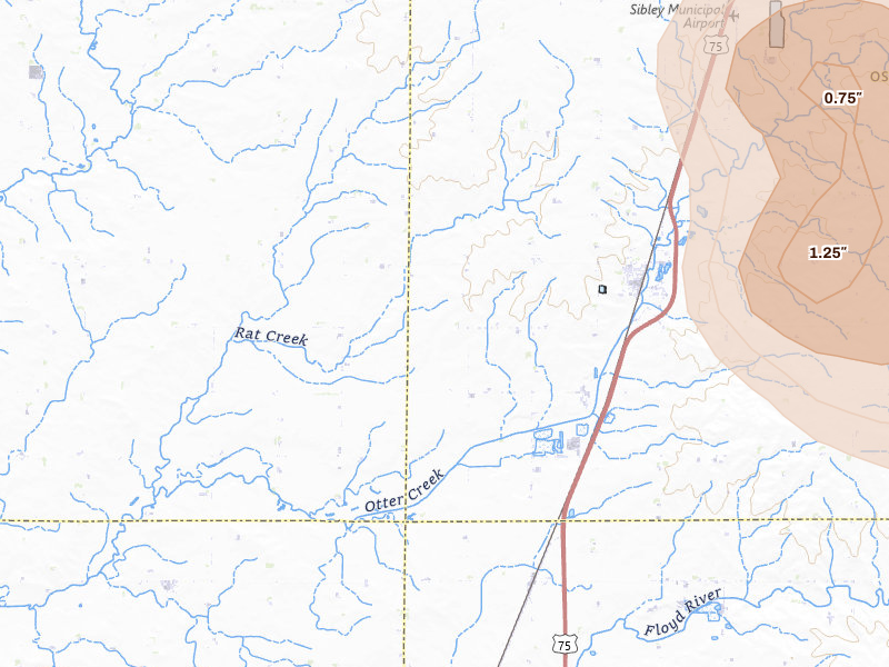 Radar-estimated hail-size map of the storm over Ashton, IA on Jul 4, 2026