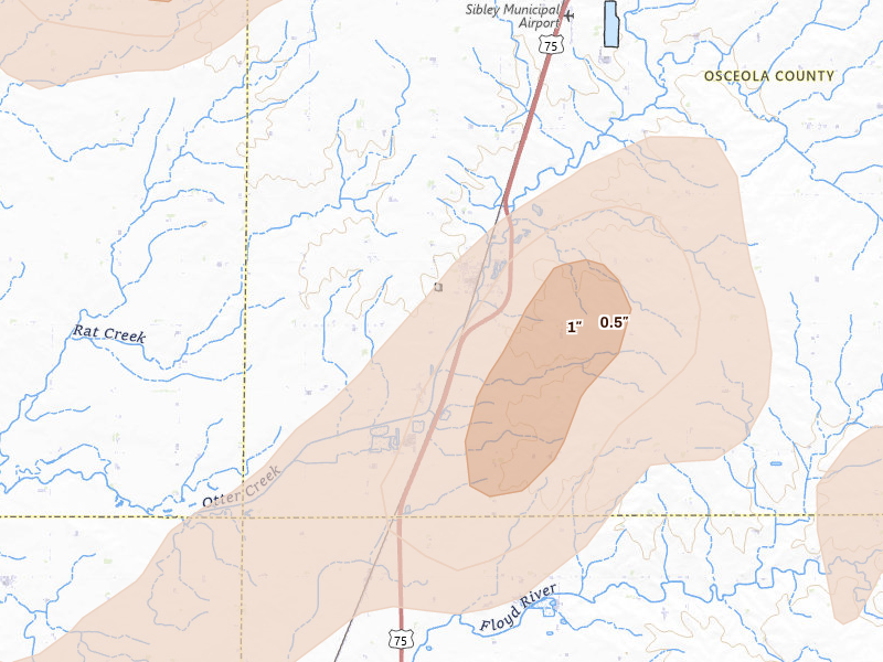 Radar-estimated hail-size map of the storm over Ashton, IA on Aug 3, 2026