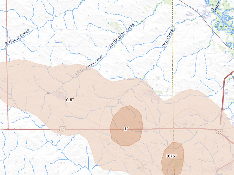 Radar-estimated hail-size map of the storm over Atkins, IA on Aug 7, 2026