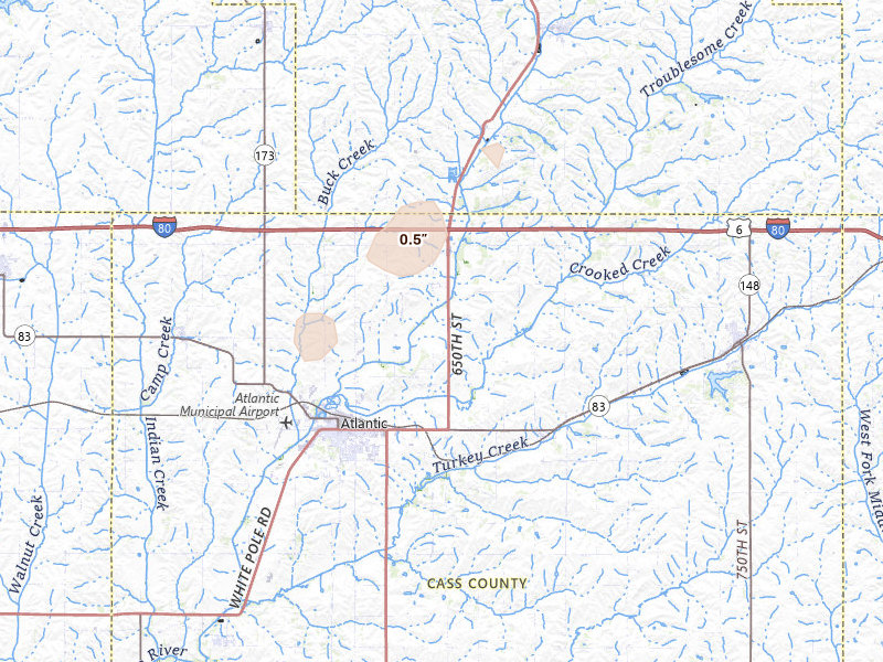 Radar-estimated hail-size map of the storm over Atlantic, IA on Mar 5, 2026