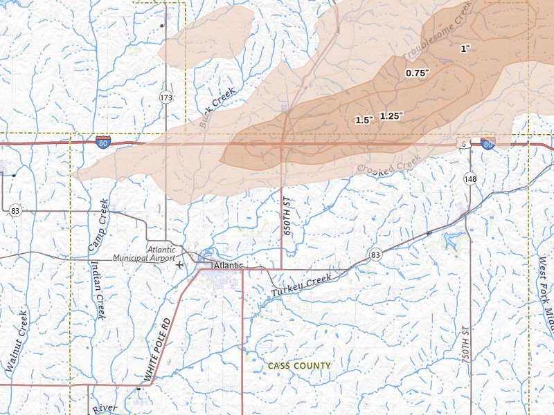 Radar-estimated hail-size map of the storm over Atlantic, IA on Mar 30, 2026
