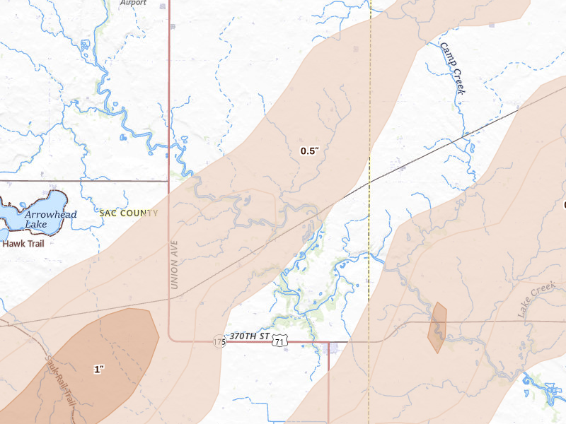 Radar-estimated hail-size map of the storm over Auburn, IA on Apr 23, 2026