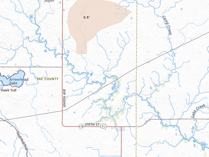Radar-estimated hail-size map of the storm over Auburn, IA on May 15, 2026