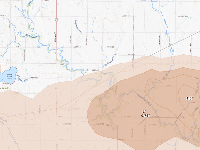 Radar-estimated hail-size map of the storm over Auburn, IA
