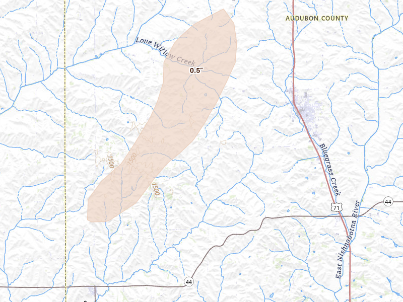 Radar-estimated hail-size map of the storm over Audubon, IA on Mar 5, 2026