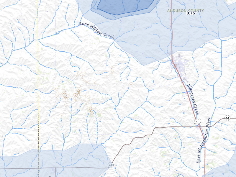 NEXRAD radar-signature map of the hail storm over Audubon, IA on Apr 23, 2026