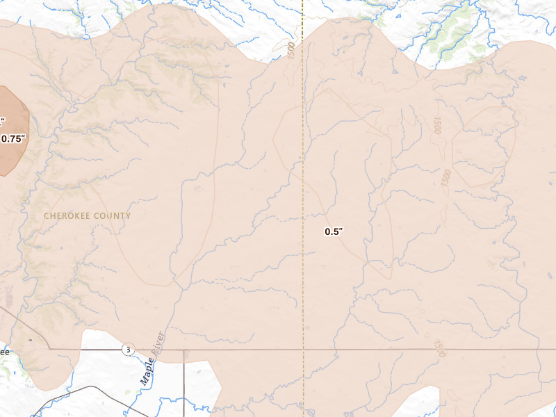 Radar-estimated hail-size map of the storm over Aurelia, IA on Jun 16, 2026