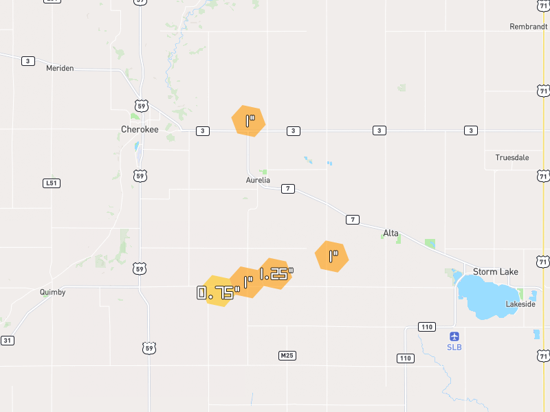 Hail map of Aurelia, IA on Jun 28, 2026, hail up to 1.25"