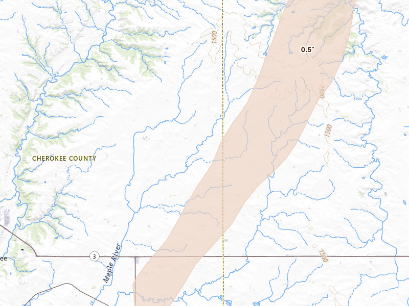 Radar-estimated hail-size map of the storm over Aurelia, IA on Jun 30, 2026