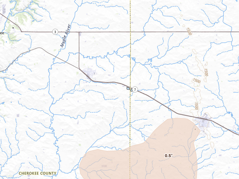 Radar-estimated hail-size map of the storm over Aurelia, IA on Jul 8, 2026