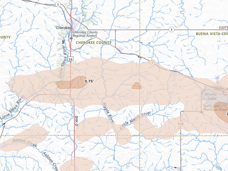 Radar-estimated hail-size map of the storm over Aurelia, IA on Aug 10, 2026