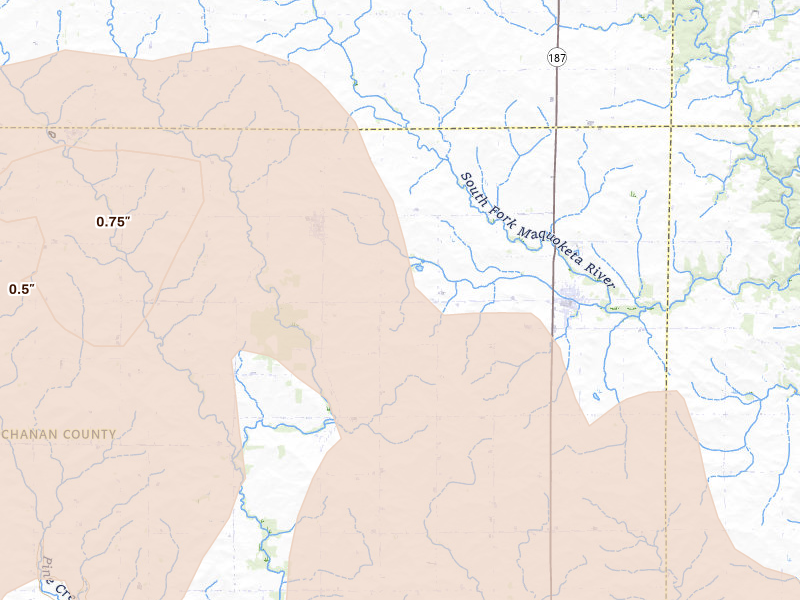 Radar-estimated hail-size map of the storm over Aurora, IA on Jun 28, 2026