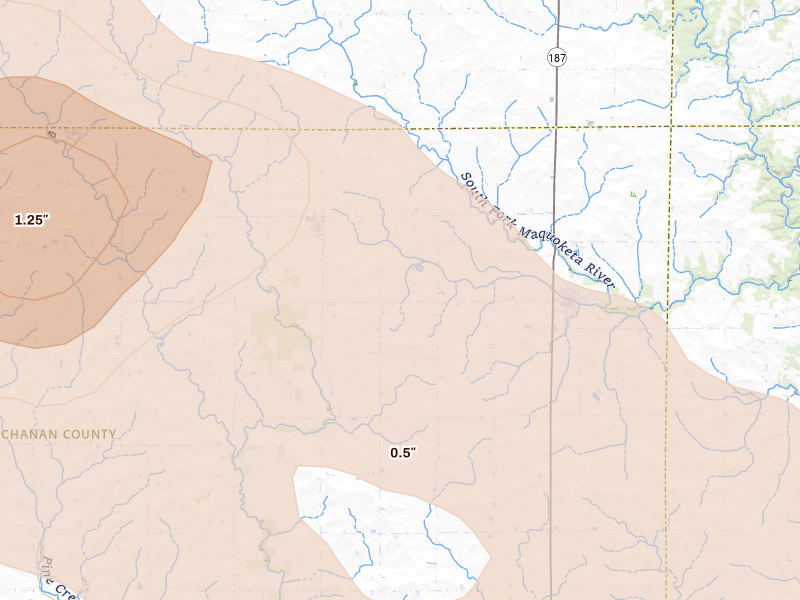 Radar-estimated hail-size map of the storm over Aurora, IA on Aug 7, 2026