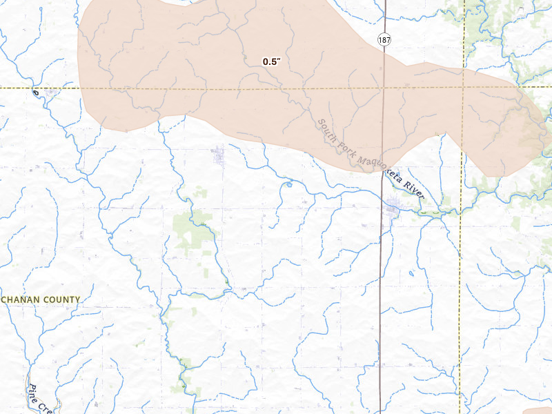 Radar-estimated hail-size map of the storm over Aurora, IA on Aug 11, 2026