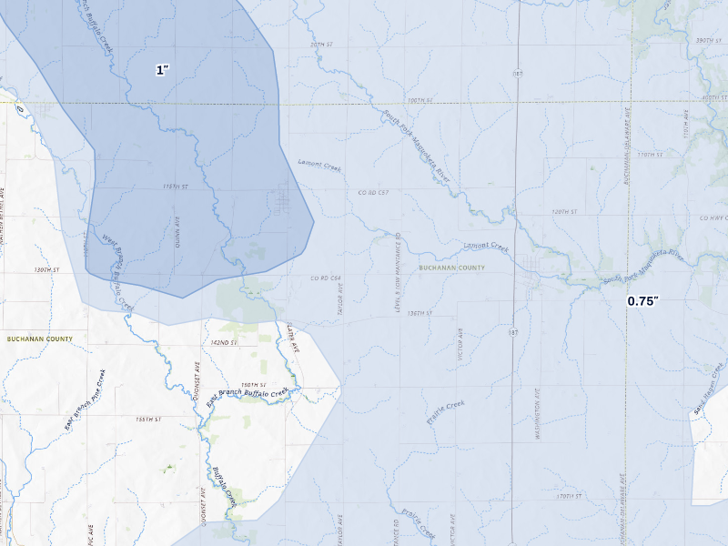 NEXRAD radar-signature map of the hail storm over Aurora, IA on Aug 11, 2026