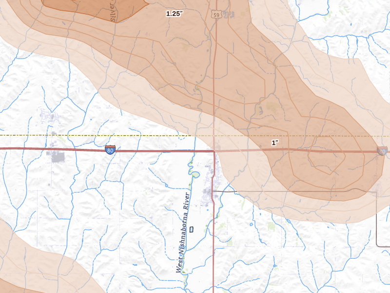 Radar-estimated hail-size map of the storm over Avoca, IA on May 31, 2026