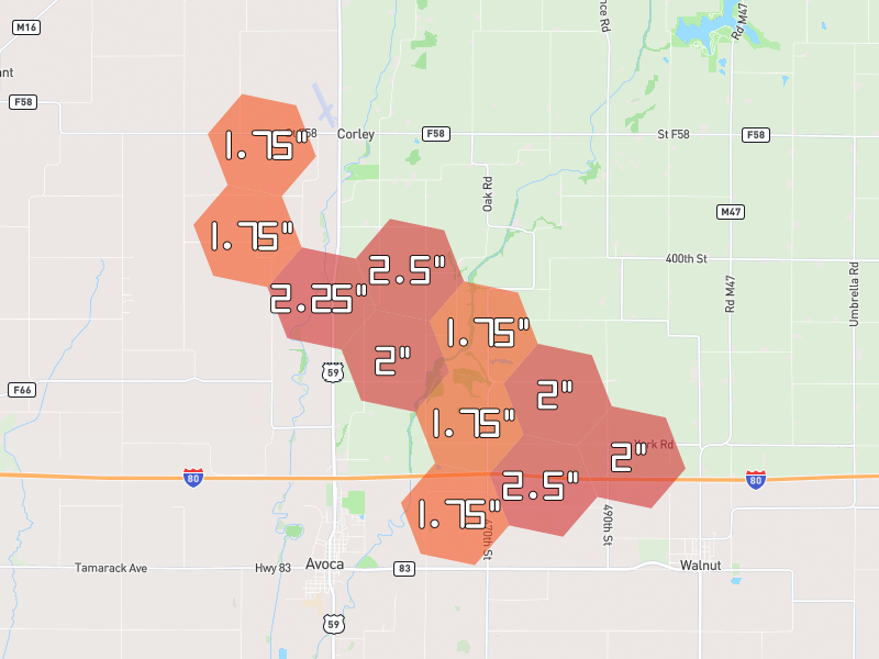 Hail map of Avoca, IA on Jun 1, 2026, hail up to 2.5"