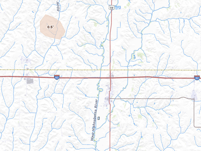 Radar-estimated hail-size map of the storm over Avoca, IA on Jul 4, 2026
