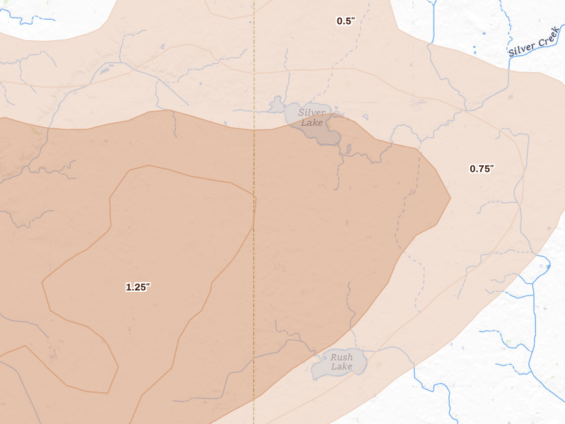 Radar-estimated hail-size map of the storm over Ayrshire, IA on Apr 13, 2026