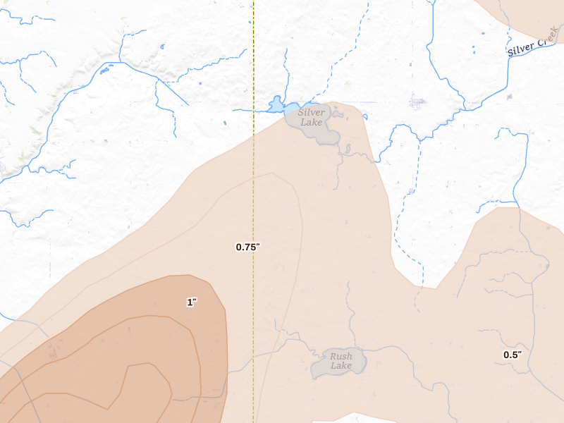 Radar-estimated hail-size map of the storm over Ayrshire, IA on Jun 28, 2026