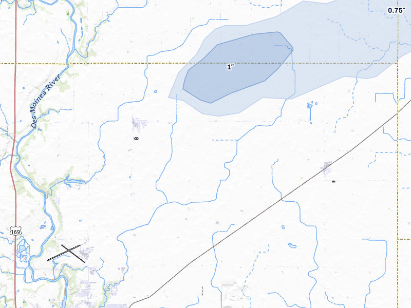 NEXRAD radar-signature map of the hail storm over Badger, IA on Jun 28, 2026