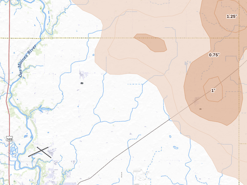 Radar-estimated hail-size map of the storm over Badger, IA on Jul 20, 2026