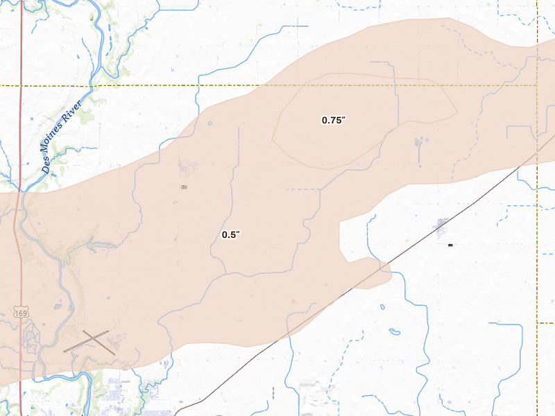 Radar-estimated hail-size map of the storm over Badger, IA on Aug 10, 2026