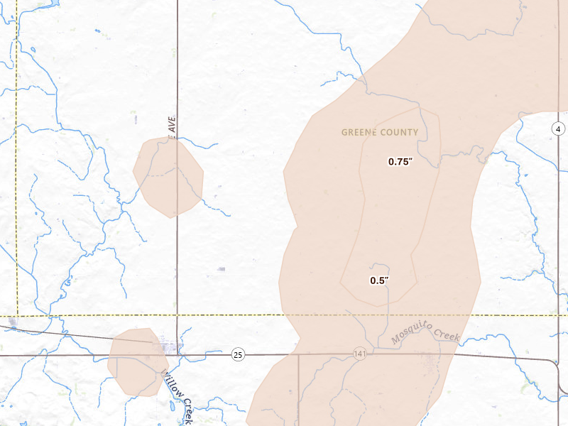 Radar-estimated hail-size map of the storm over Bagley, IA on Apr 23, 2026