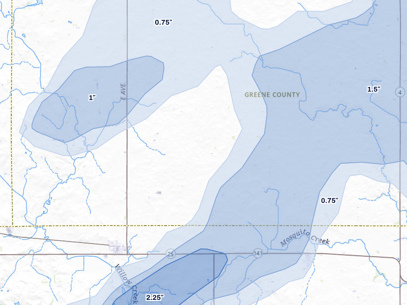 NEXRAD radar-signature map of the hail storm over Bagley, IA on Apr 23, 2026