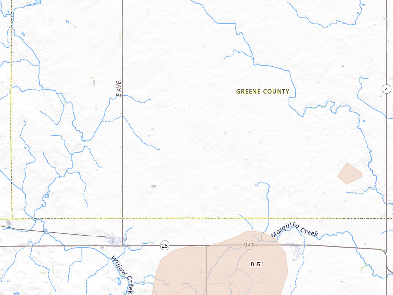 Radar-estimated hail-size map of the storm over Bagley, IA on May 15, 2026