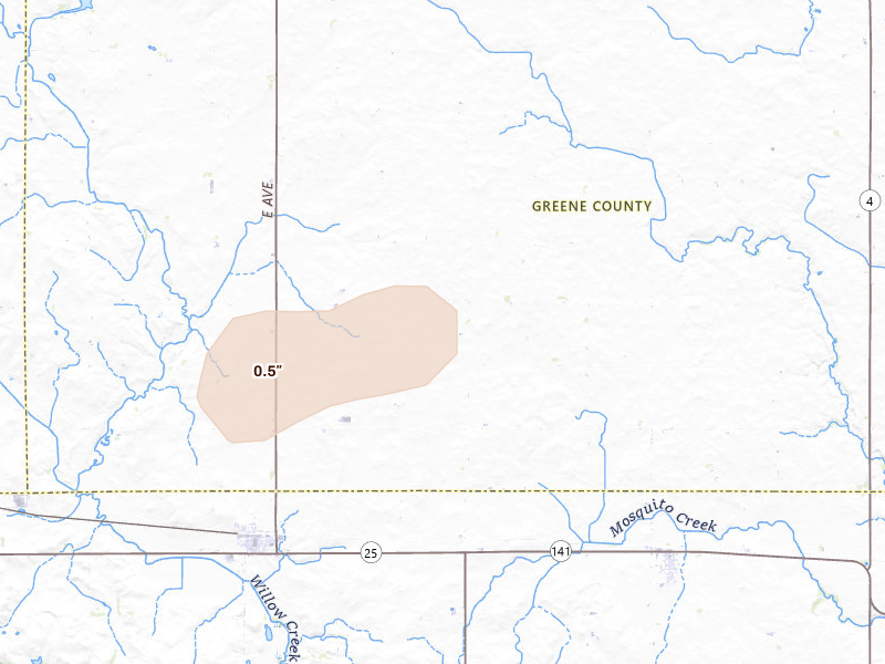 Radar-estimated hail-size map of the storm over Bagley, IA on Jul 8, 2026