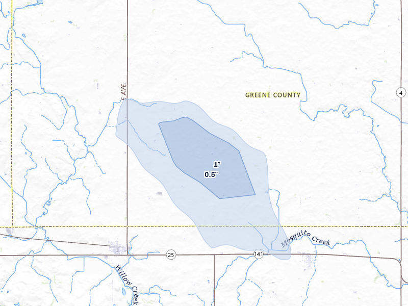 NEXRAD radar-signature map of the hail storm over Bagley, IA on Jul 8, 2026