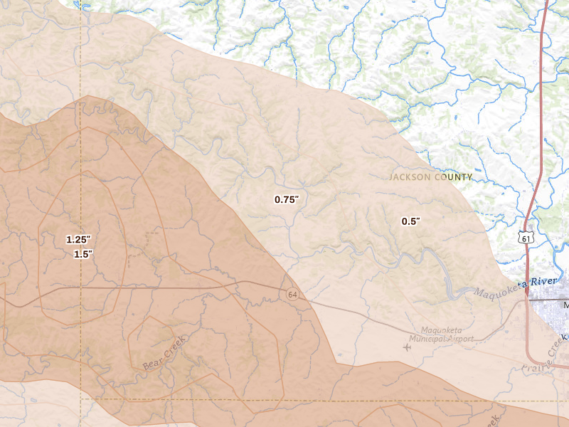Radar-estimated hail-size map of the storm over Baldwin, IA on Jun 28, 2026