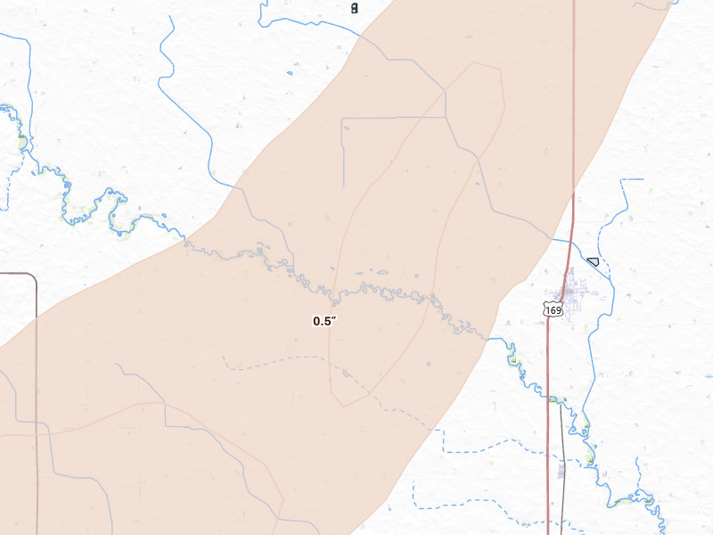 Radar-estimated hail-size map of the storm over Bancroft, IA on Apr 23, 2026