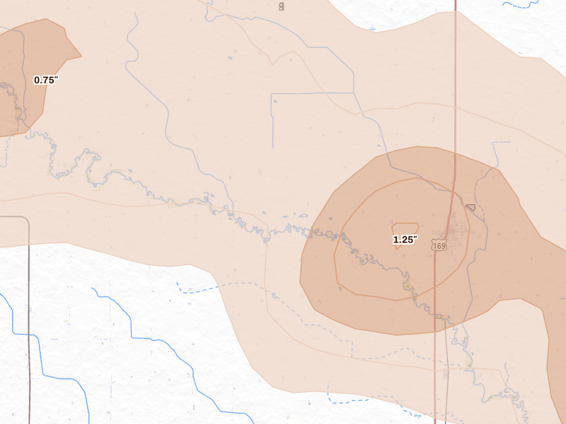 Radar-estimated hail-size map of the storm over Bancroft, IA on May 15, 2026
