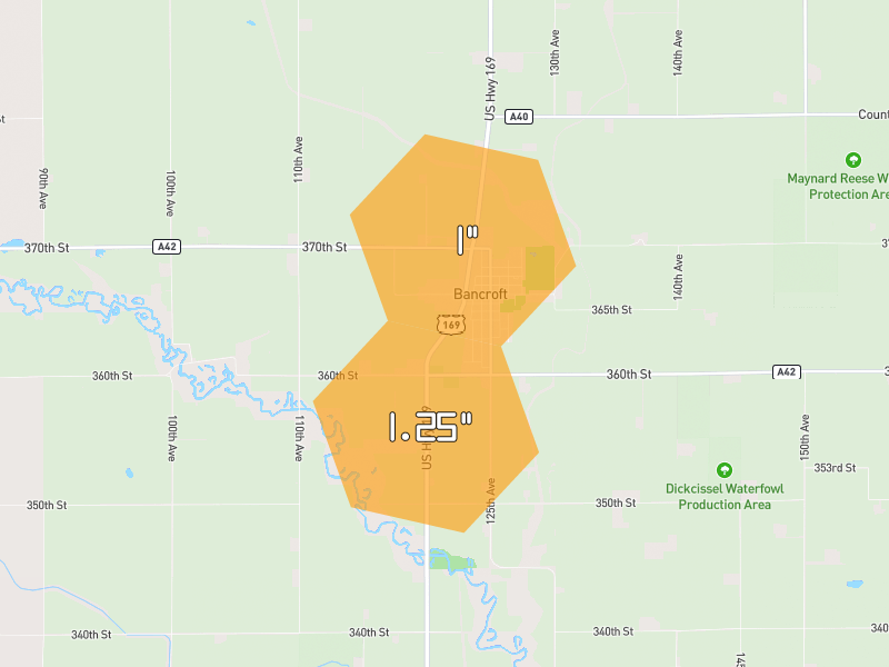 Hail map of Bancroft, IA on Jul 2, 2026, hail up to 1.25"