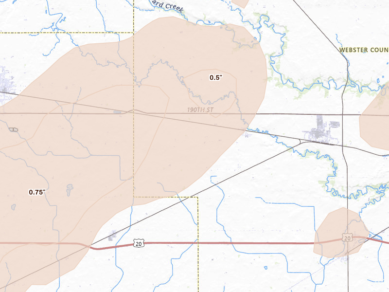 Radar-estimated hail-size map of the storm over Barnum, IA on Apr 23, 2026