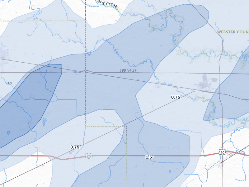 NEXRAD radar-signature map of the hail over Barnum, IA