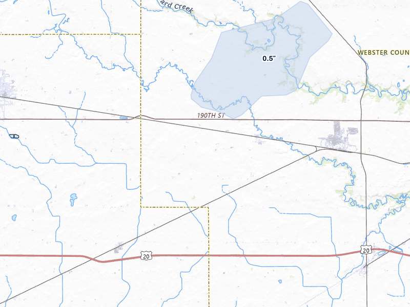 NEXRAD radar-signature map of the hail storm over Barnum, IA on Jun 28, 2026